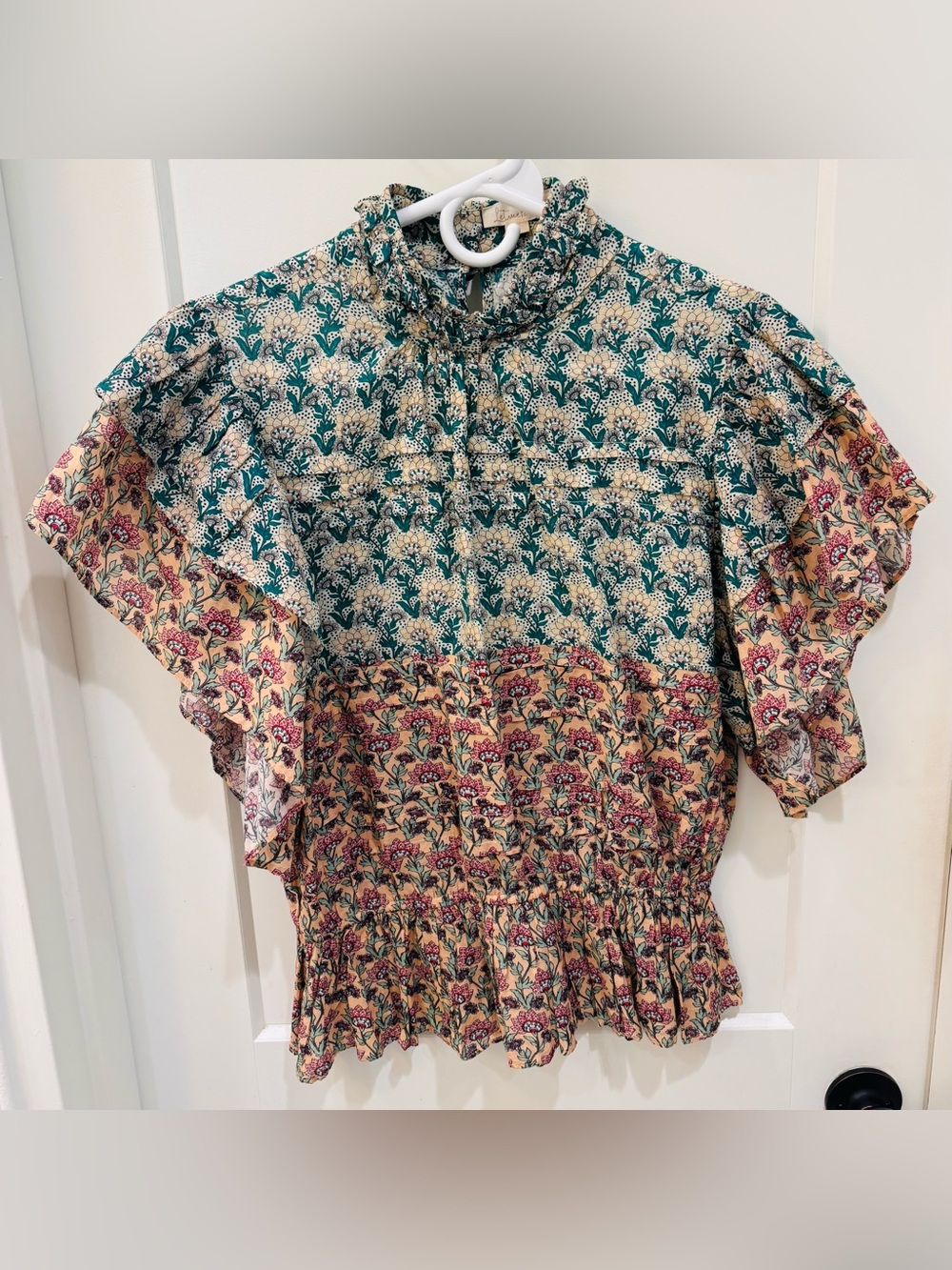 Let Me Be Floral Mixed-Print Ruffle Neck Blouse - Teal & Beige. Size Medium